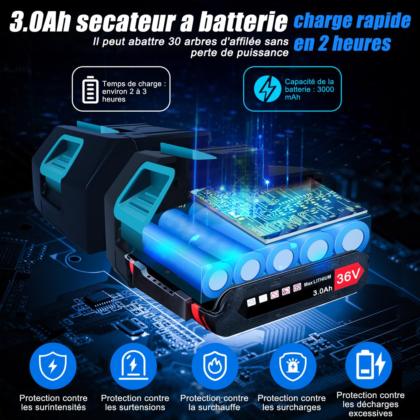 Sécateur Électrique avec Perche, Sécateur Électrique Sans Fil, Batterie Li-ion 2X2.0ah, Secateur Telescopique Electrique Ciseaux de Jardin,Lames Sk5, Réglage de L'angle 90°