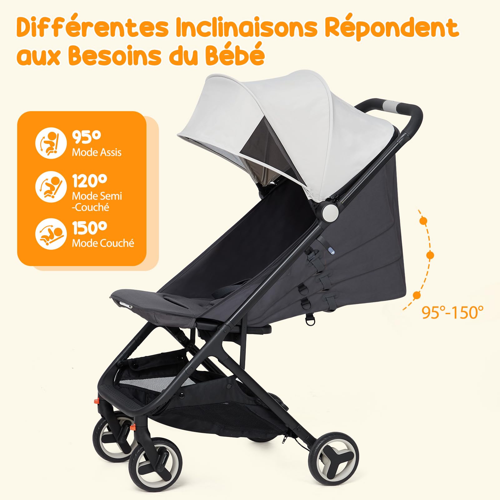Poussette Bébé Ultra Compacte Format Sac à Dos pour Voyage Avion, Pliable Une Main Dossier Inclinable 95° à 150° Harnais 5 Points Roues Résistantes, Poussette Légère pour Vacances