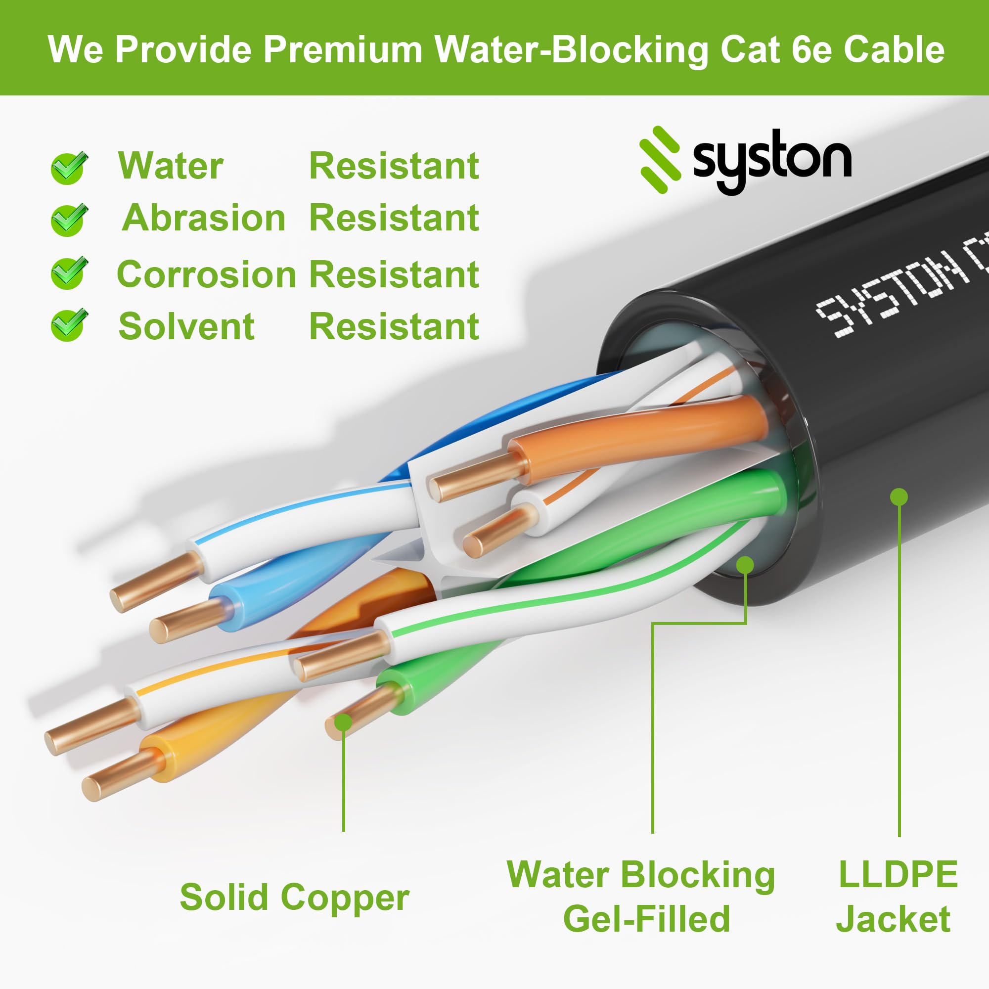 Syston Cable Technology Cat6(e) Ethernet Cable 23AWG 4 pr Solid Bare Copper Bulk Raw 600MHz 250 ft Outdoor/Indoor Heat Resistant Riser Rated CMR Black No Ends 1 Ft to 1000 Ft Available