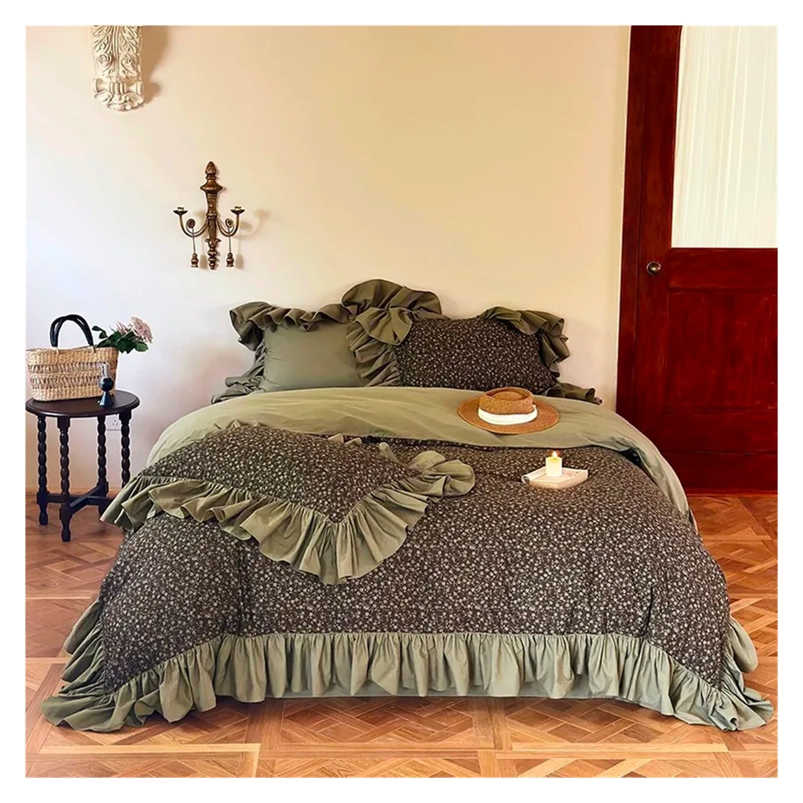 Parure de lit rustique en coton avec volants chic vert et noir 220x230 cm