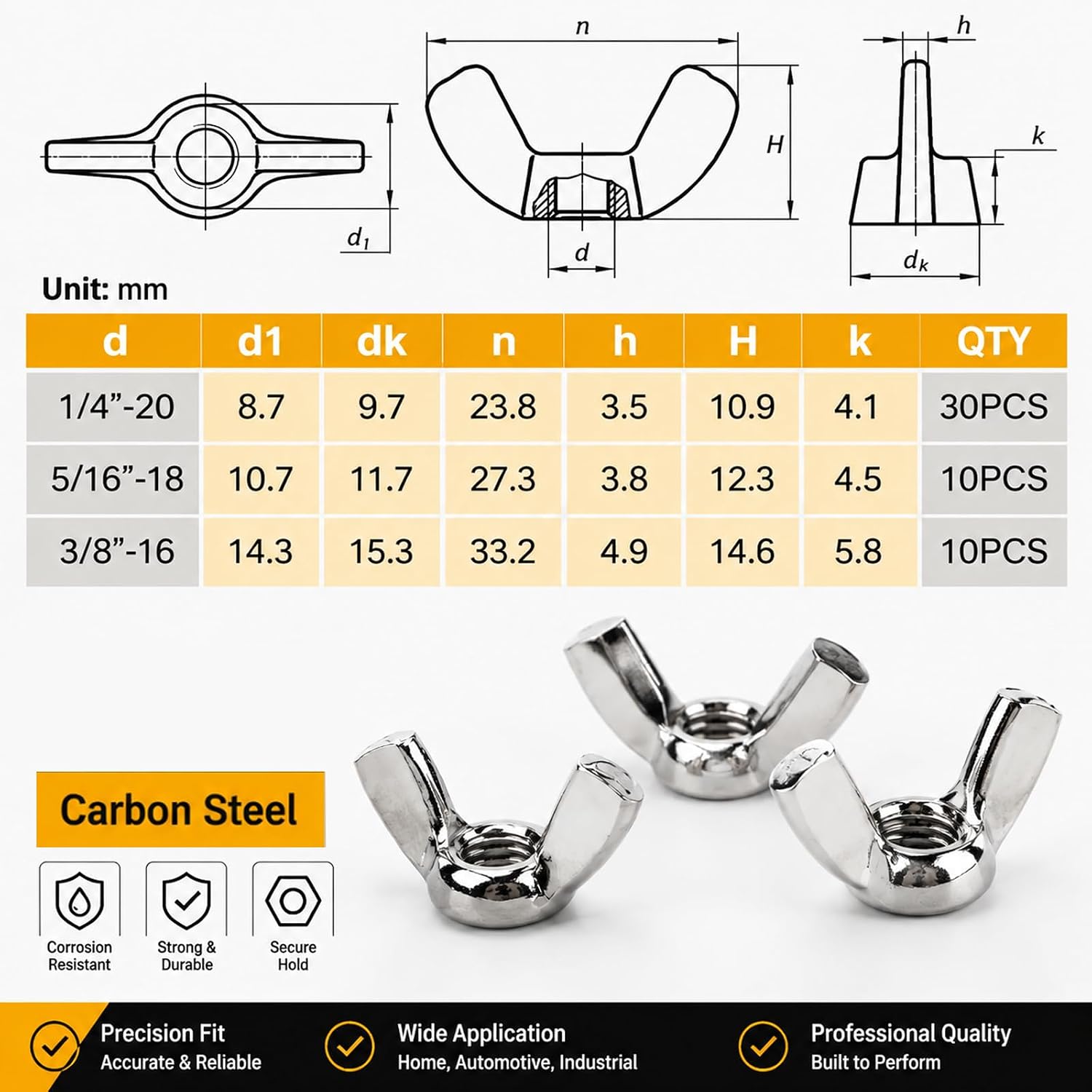 50 PCS Wing Nuts Assorted kit 1/4"-20 5/16"-18 3/8"-16 SAE Steel 3 Size Wing Nut Fasteners,Carbon Steel Zinc Plated Butterfly Wingnuts 1/4 Inch, 5/16 Inch,3/8 Inch,Hand Twist Secure Fasteners