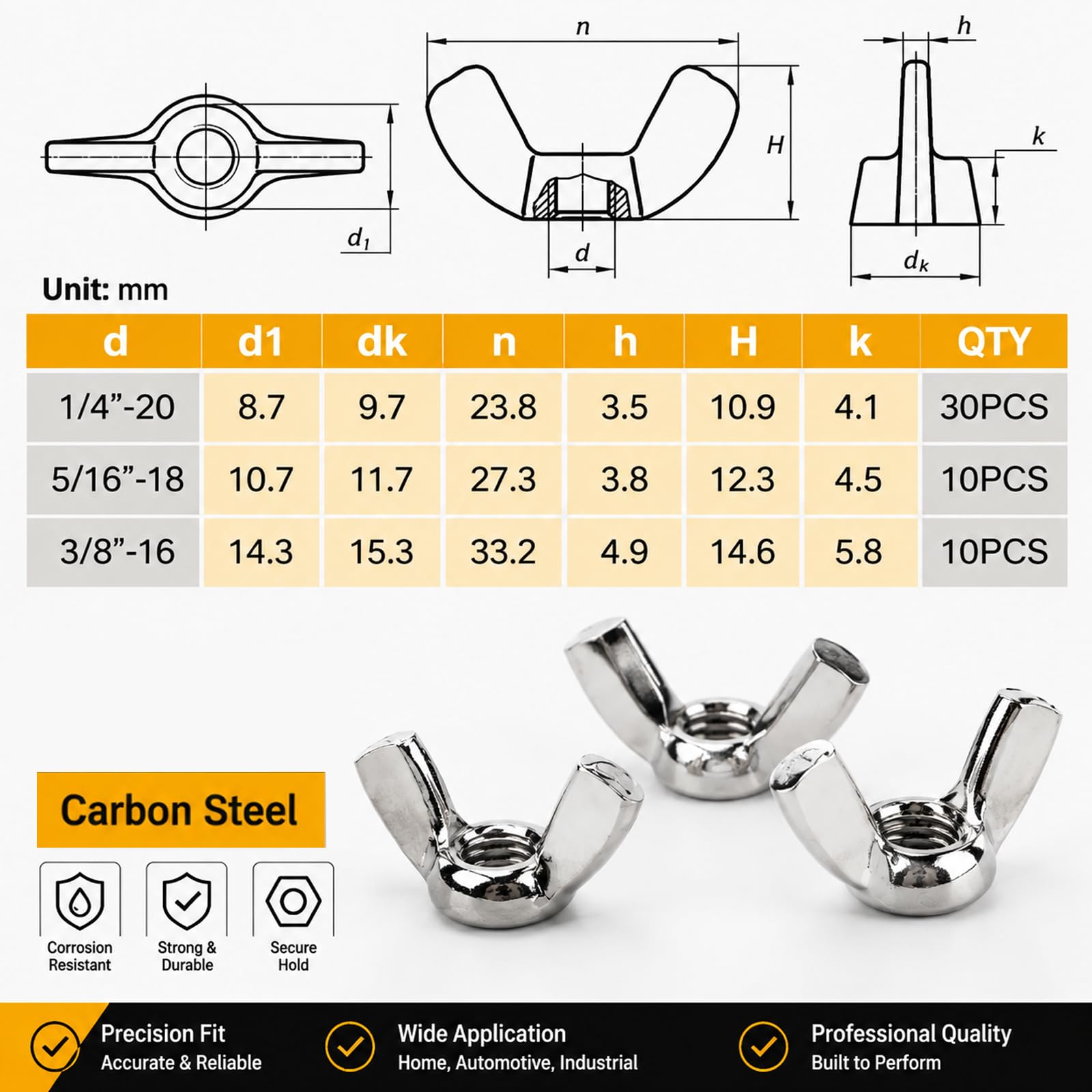 Wing Nuts Assortment - 1/4-20, 5/16-18, 3/8-16 -3