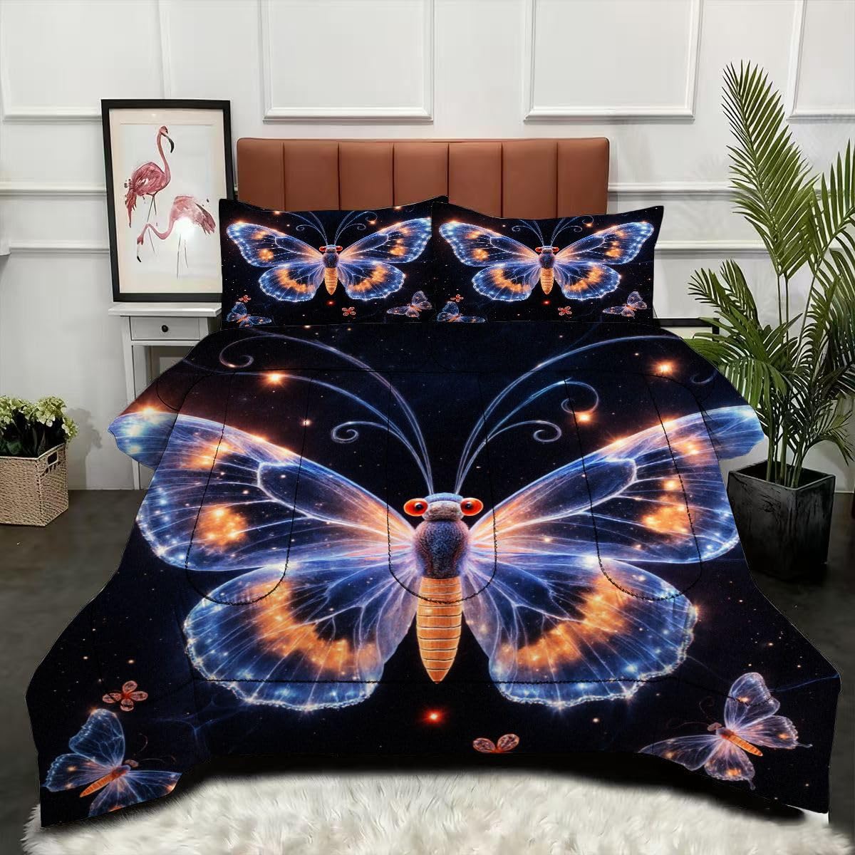 Couette 200 x 200 cm sans housse imprimé papillon avec 2 taies d'oreiller en microfibre