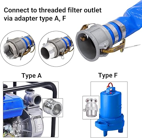 Vista 13 de Manguera de descarga plana de PVC de 2 pulgadas x 100 pies con accesorios de aluminio Camlock C y E, accesorio de bloqueo de leva tipo F incluido