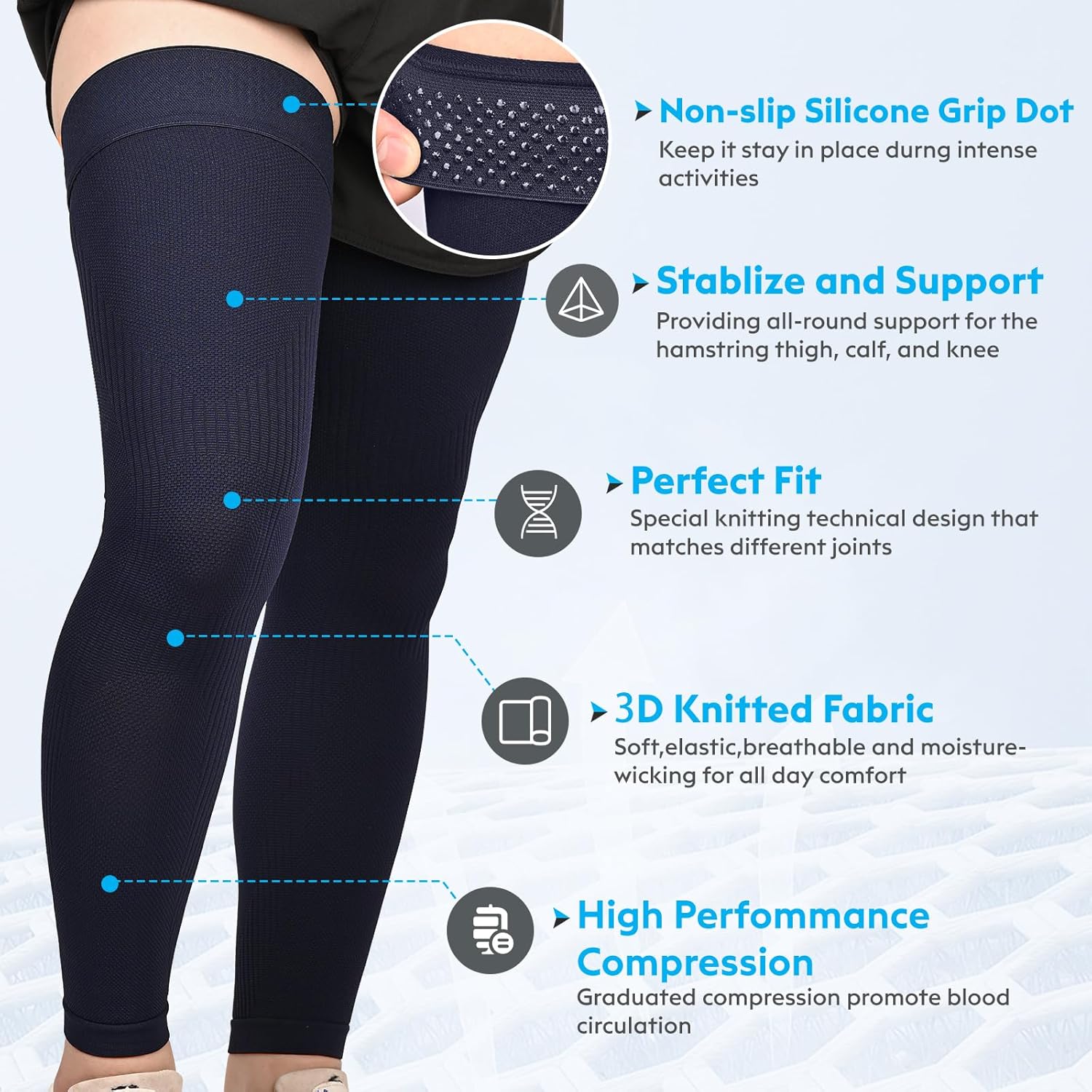 KEKING Full Leg Compression Sleeves, Unisex, Thigh High Compression Stocking 20-30mmHg Graduated Support for Thigh Calf Knee, Running, Basketball, Reduce Varicose Veins and Swelling, Navy Blue XXL