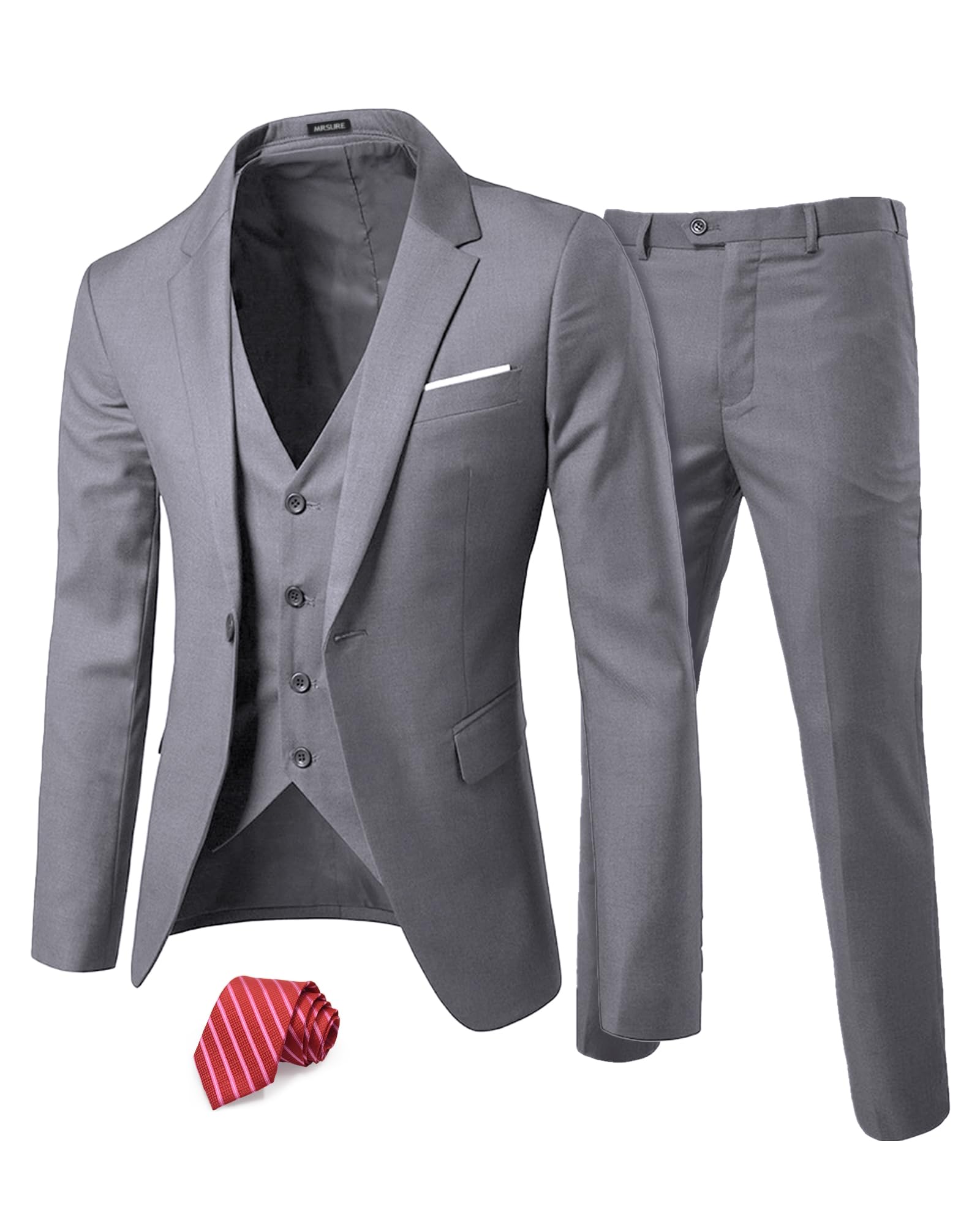 MrSure Men’s 3 Piece Suit Blazer, Slim Fit Tux with One Button, Jacket Vest Pants & Tie Set for Party, Wedding and Business, Light Grey, XL