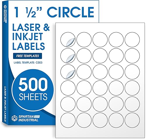 Spartan Industrial Etiqueta láser circular imprimible 1.5 pulgadas Blanco, 500 hojas, 30 etiquetas redondas por hoja Etiqueta multiusos ideal Spartan Industrial Etiqueta láser circular imprimible 1.5 pulgadas Blanco, 500 hojas, 30 etiquetas redondas por hoja Etiqueta multiusos ideal