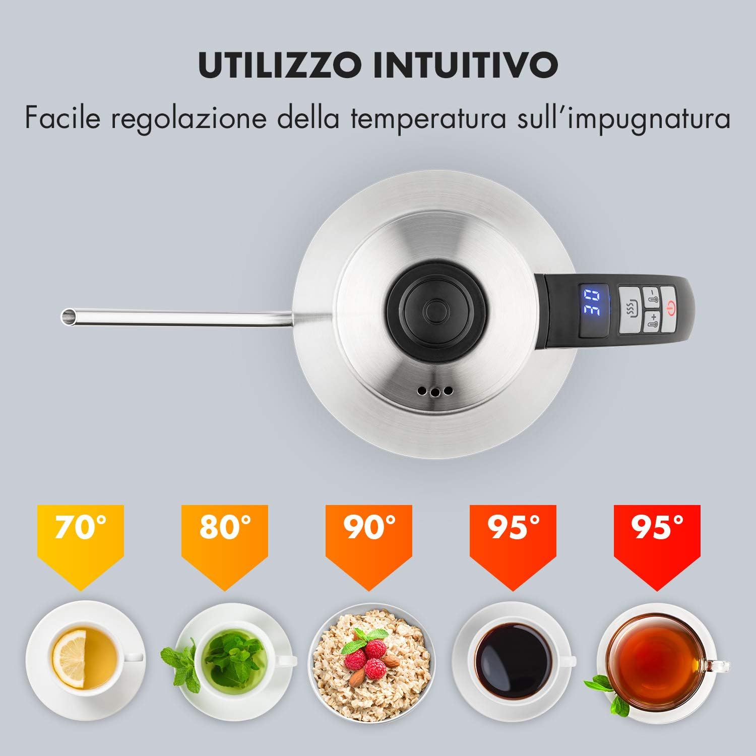 Top-down view of Klarstein Garçon kettle handle with LED display and buttons
