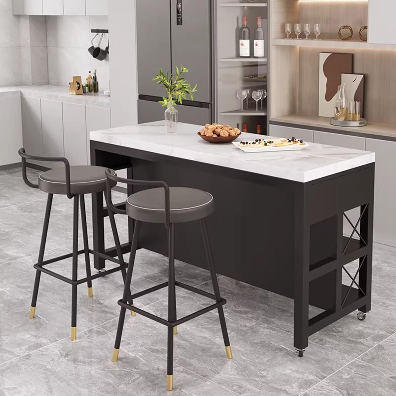 Zf9tBw5sH Unità cucina ad isola Carrello for isola da cucina con rotelle, cassetti e ripiani portaoggetti struttura in metallo piano in marmo