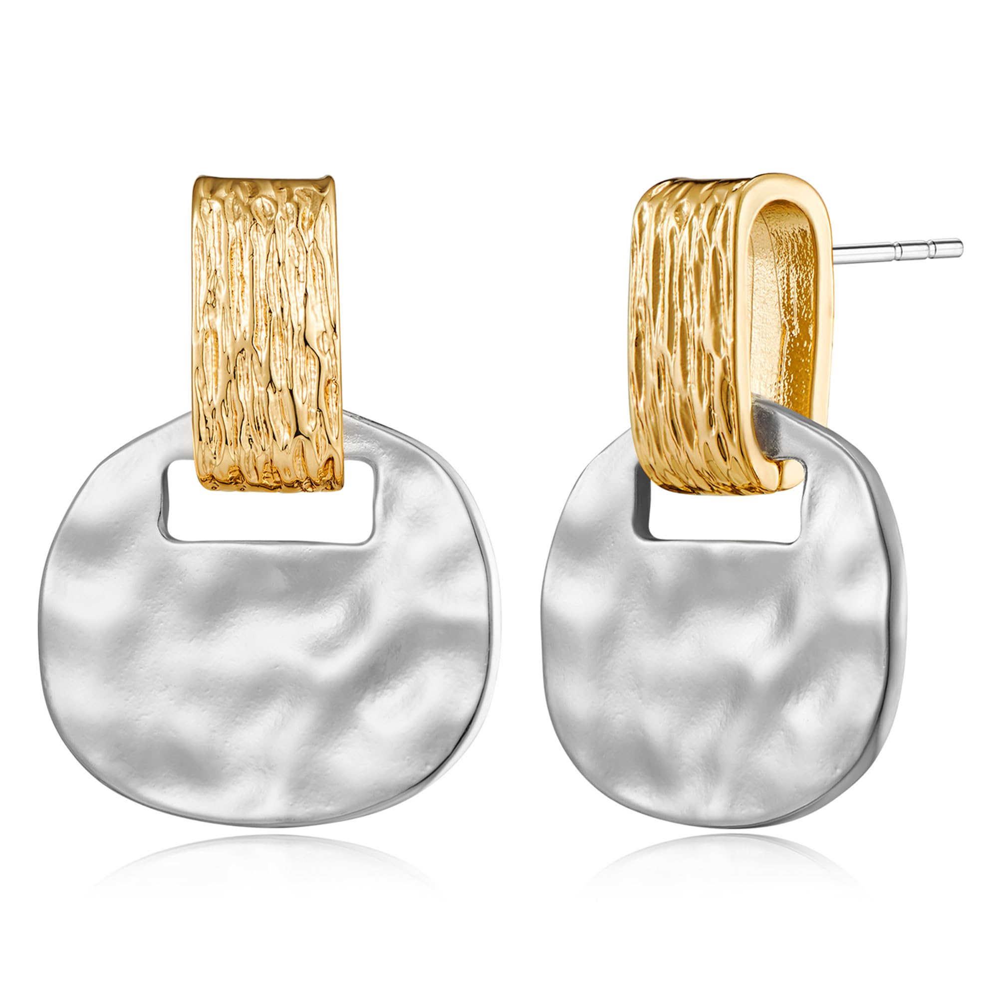 MUYAN Two Tone Hammered Drop Earrings for Women Modern High Polished Statement Finish Dangling Earrings Mixed Metal Jewelry