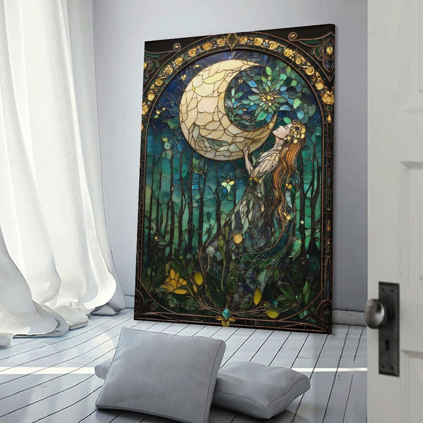 Junmoney Frame-Style-5 Canvas Art Print Stained Glass Moon & Woman, 12X18inch(30X45cm), For Office, Study Or Home Workspace, Wall Art That Adds Style To Work Areas