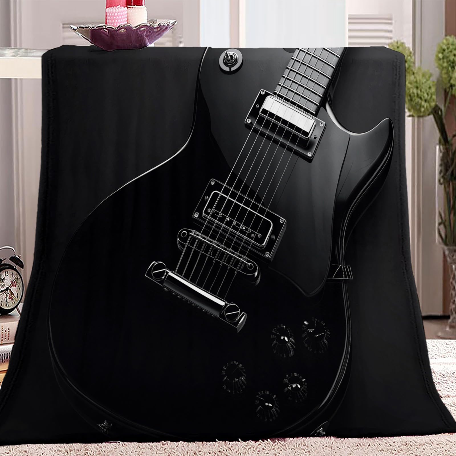 Przytulny koc polarowy, na gitarę elektryczną, czarny, czarny, puszysty, ciepły, miękki, do salonu, koc na kanapę, koc do mieszkania, dla dorosłych, dzieci, niemowląt, 180 x 200 cm