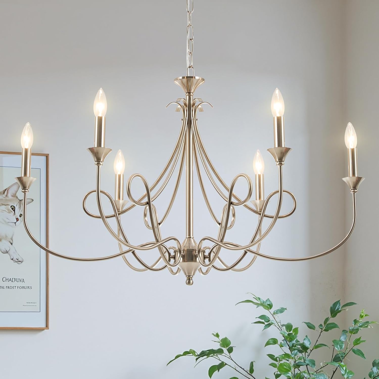 Modern Brushed Nickel Chandelier, 6-Lights Candle Dining Room Light Fixture 36.6in Farmhouse Chandeliers Metal Pendant Lights for Living Room Bedroom Entryway Kitchen Island