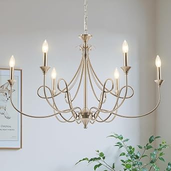 Modern Brushed Nickel Chandelier, 6-Lights Candle Dining Room Light Fixture 36.6in Farmhouse Chandeliers Metal Pendant Lights for Living Room Bedroom Entryway Kitchen Island