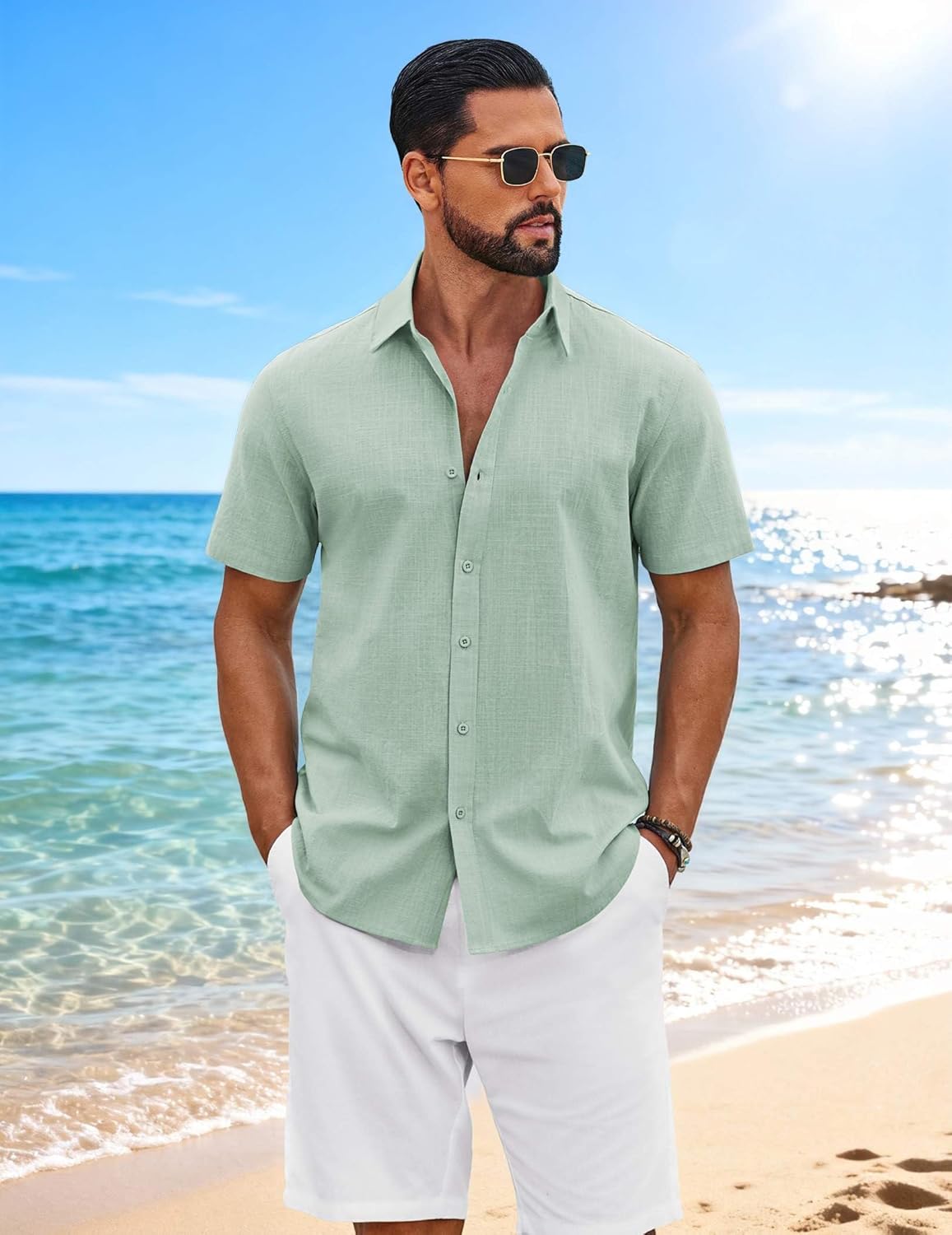 COOFANDY Mens Button Down Shirts Short Sleeve Casual Shirt Cotton Summer Beach Linen Wedding Shirts - Image 5