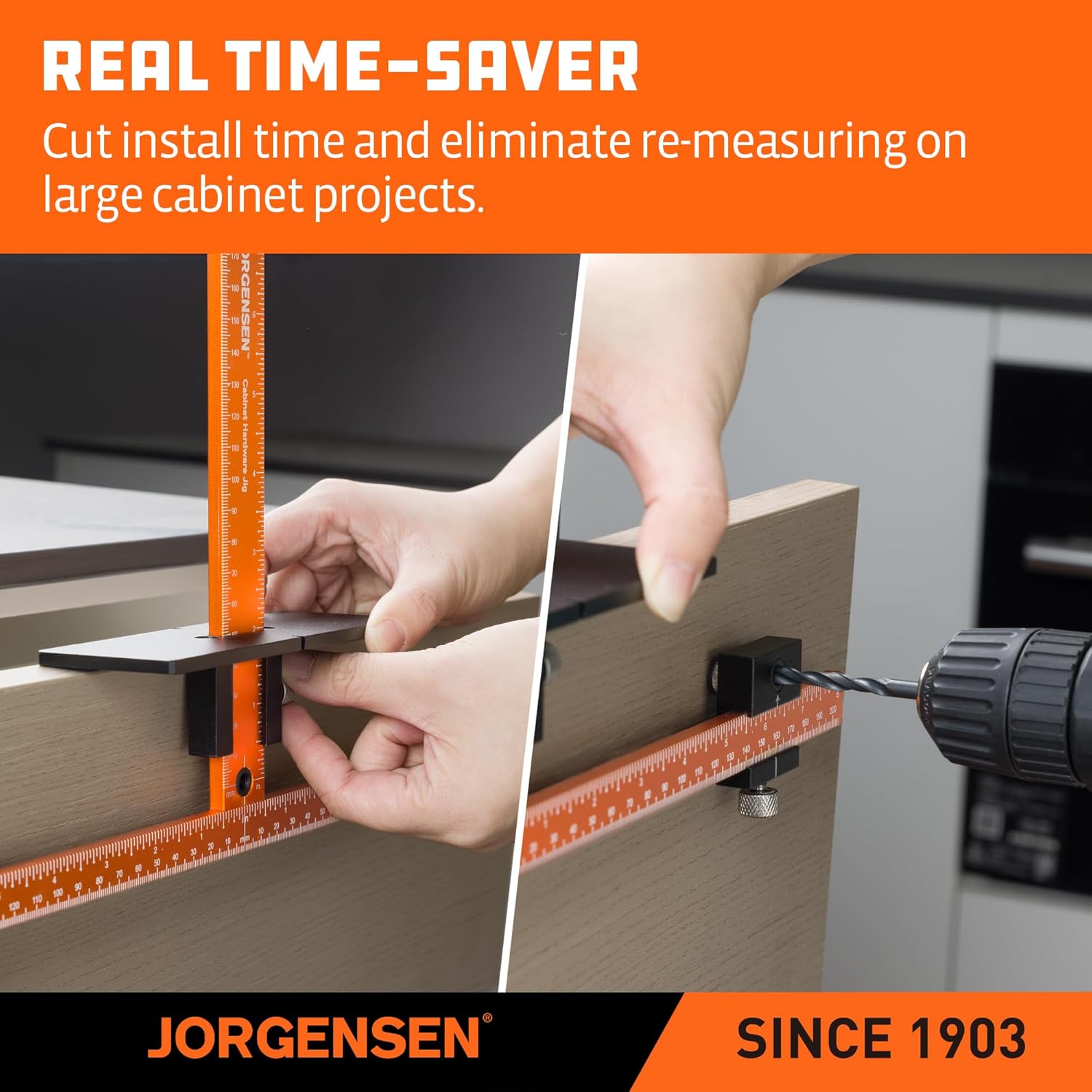 JORGENSEN Cabinet Hardware Jig Tool - Aluminum Alloy & Double Scale Cabinet Handle Jig Template, Professional for Installing Door Drawer Front Knobs Handles & Pulls with 5mm Alignment Drilled Hole