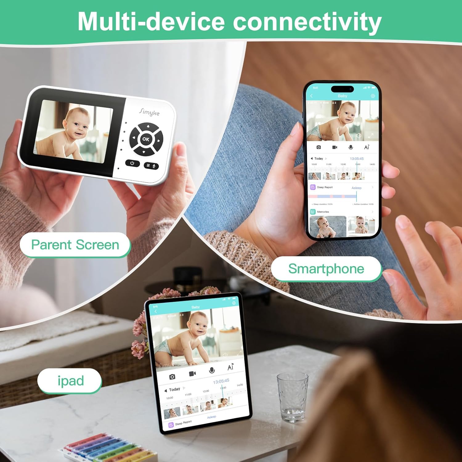 Multiple devices (parent screen, smartphone, iPad) connected to the baby monitor