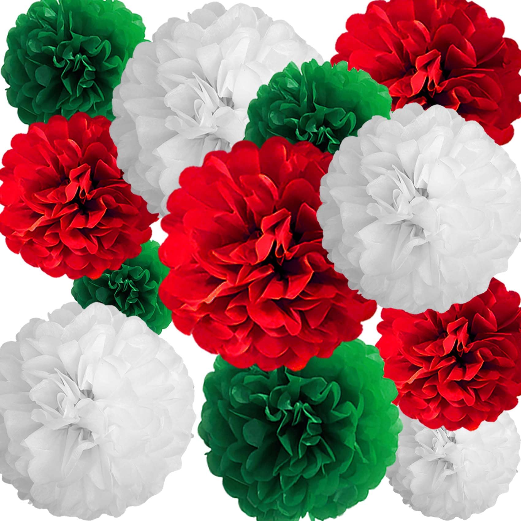 Red White Green Christmas Tissue Paper Pom Poms Decorations 12 Pack Holiday Party Decor- Hanging Paper Flowers for Wedding Birthday Graduations Christmas and Special Occasions(10 & 12 inch)