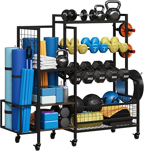 Estante para mancuernas con ruedas y ganchos, estante de almacenamiento ajustable para gimnasio en casa para mancuernas, pesas rusas, tapetes de