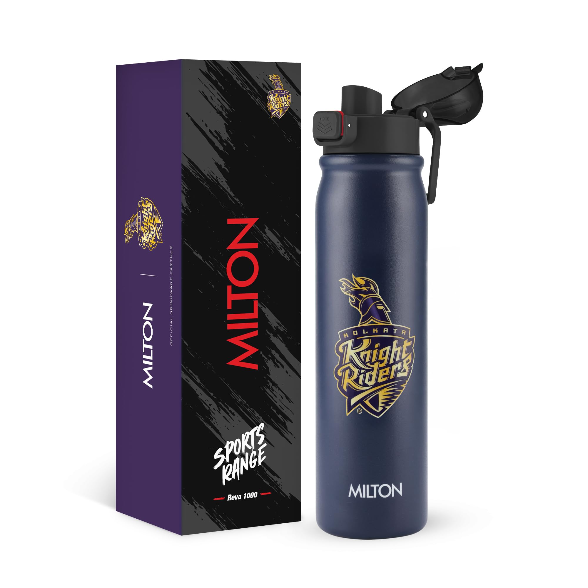Milton Sports Reva 1000 | KKR Official Drinkware Partner I Limited Edition Kolkata Knight Riders Water Bottle|Stainless Steel Sipper with Twin Lid | Leak Proof | Designed for Cricket Fans I 1 L | Blue