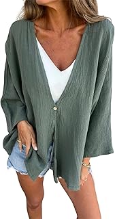 Women Oversized Button Down Shirt Summer Tops 3/4 Sleeve Blouse V-Neck Beachwear Cover Ups