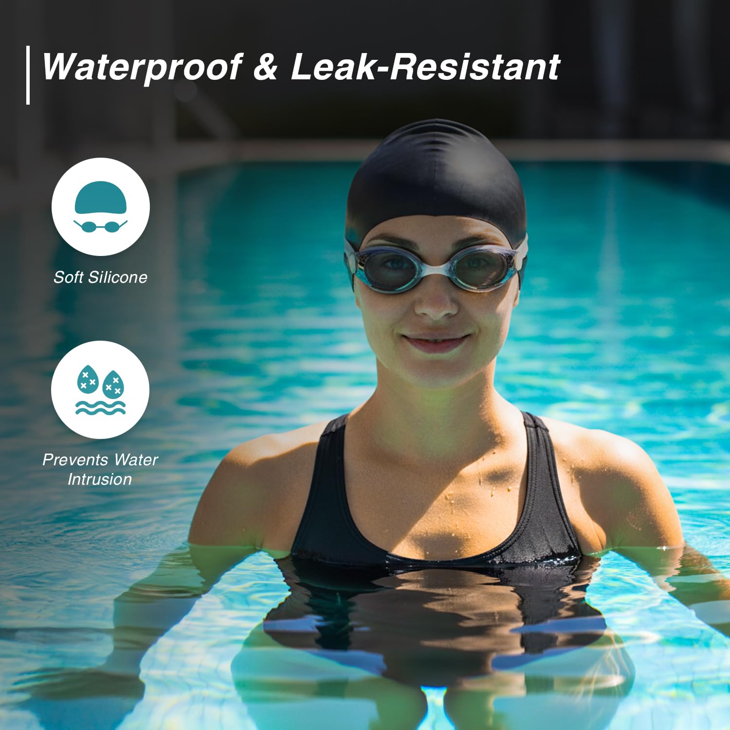 Amazon Brand - Symactive Unisex Swimming Goggles & Swimming Cap | Anti-Fog Goggles with Adjustable Strap | Silicone Free Size Cap | Waterproof | Black 1