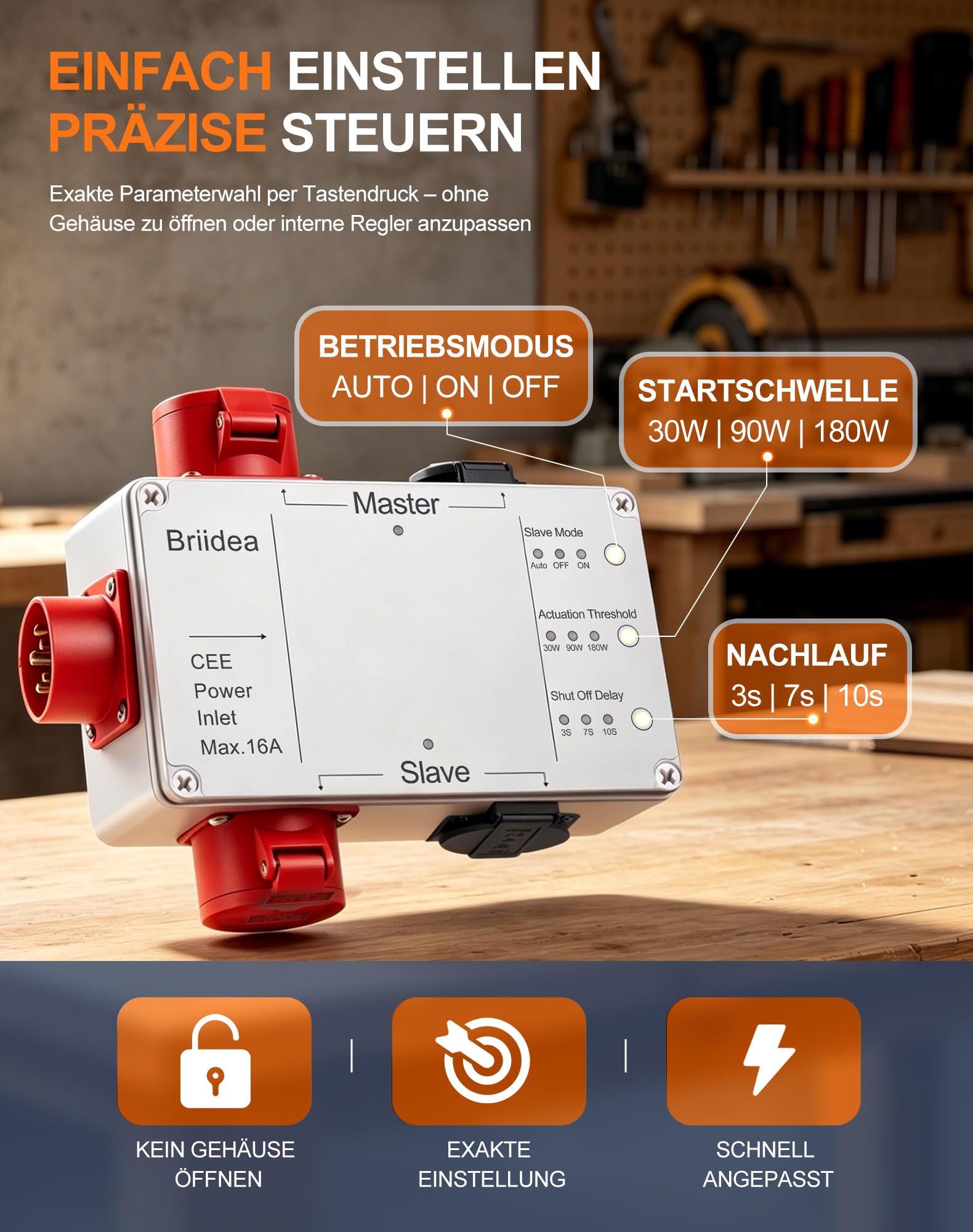 Einschaltautomatik 3Ph 400V & 230V, Mit 230V Schuko & CEE 16A 400V Anschluss, Auto/OFF/ON Modus, Einstellbare Verzögerung, Für Absaugung, CNC, Säge, Fräse & Holzwerkstatt, Automatische Gerätekopplung