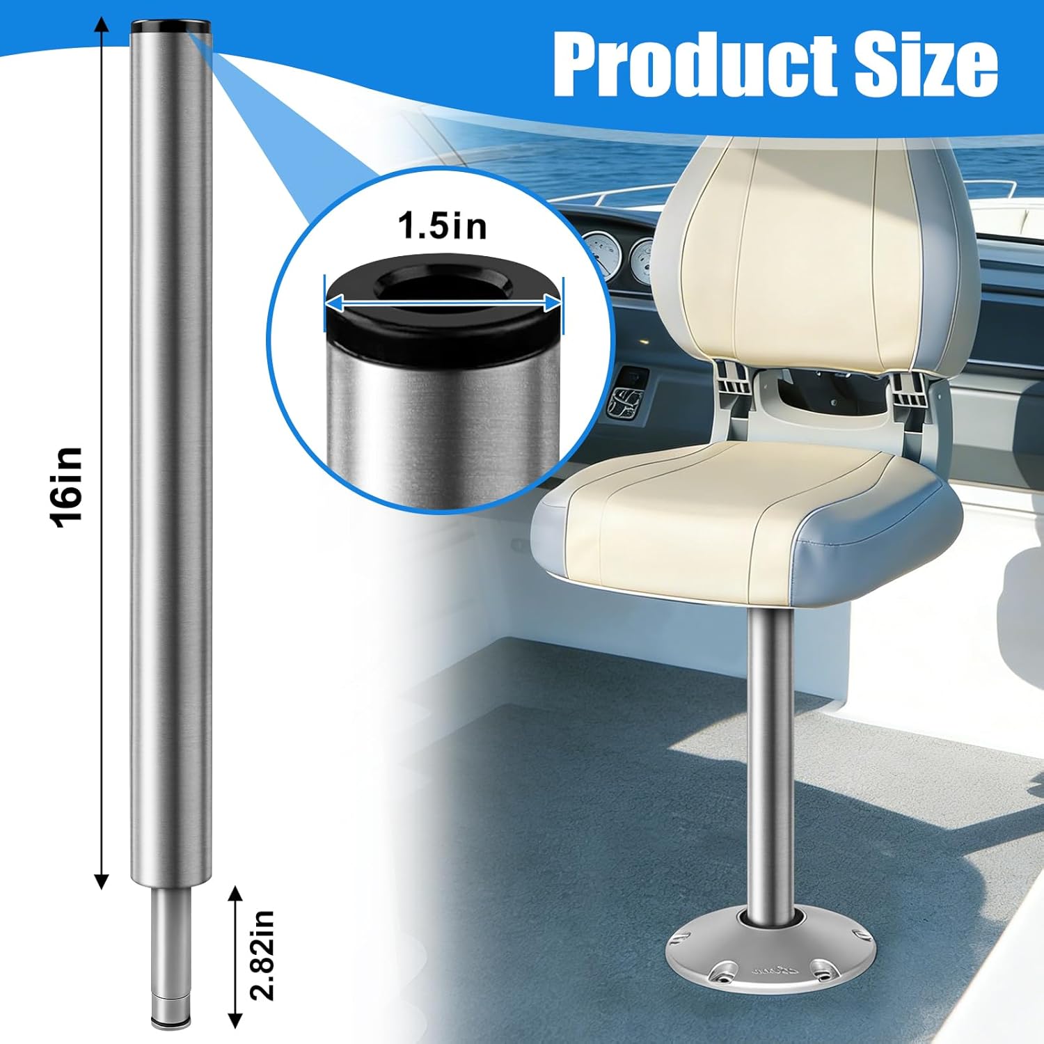 3/4" Boat Seat Pedestal Post, Aluminum Lock-in Extension Pole for Marine Boat Seat Base, Universal Mounting Pin Post for Pontoon, Fishing & Bass Boat-16 Inch 2 Pack