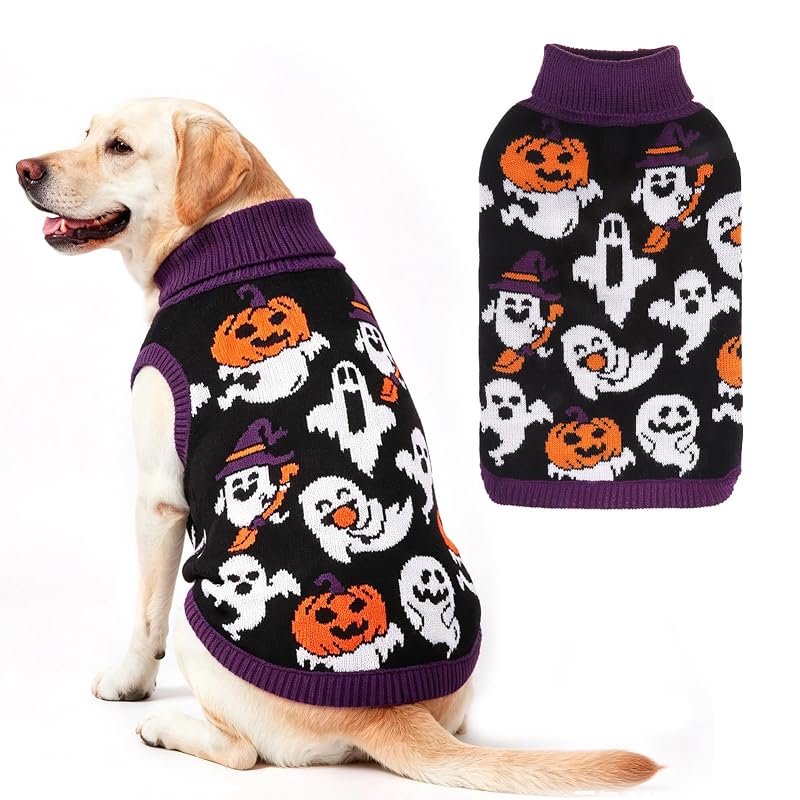 Suéter para Cães de Halloween com Gola Alta e Estampa de Abóbora e Fantasma EXPAWLORER, Tamanho Grande