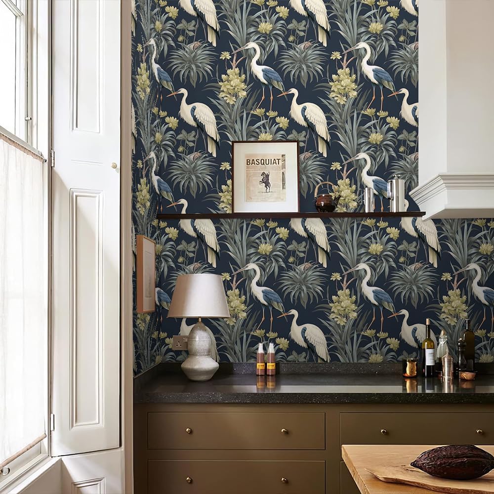 REDAMANCY Abstract Modern Crane Birds Tropical Plants Peel and Stick Wallpaper Vintage Wall Paper Stick on Contact Paper Easy Peel Off for nightstand Drawer Renter Friendly 17.7"x236"