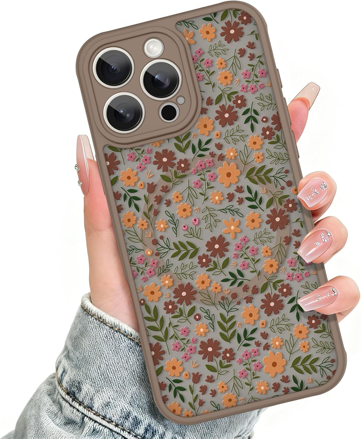 Magnetic for iPhone 17 Pro Max Case, Compatible with Magsafe, Cute Flower Floral Design for Women Girls, Translucent Matte Camera Protection Shockproof Phone Cover, Brown