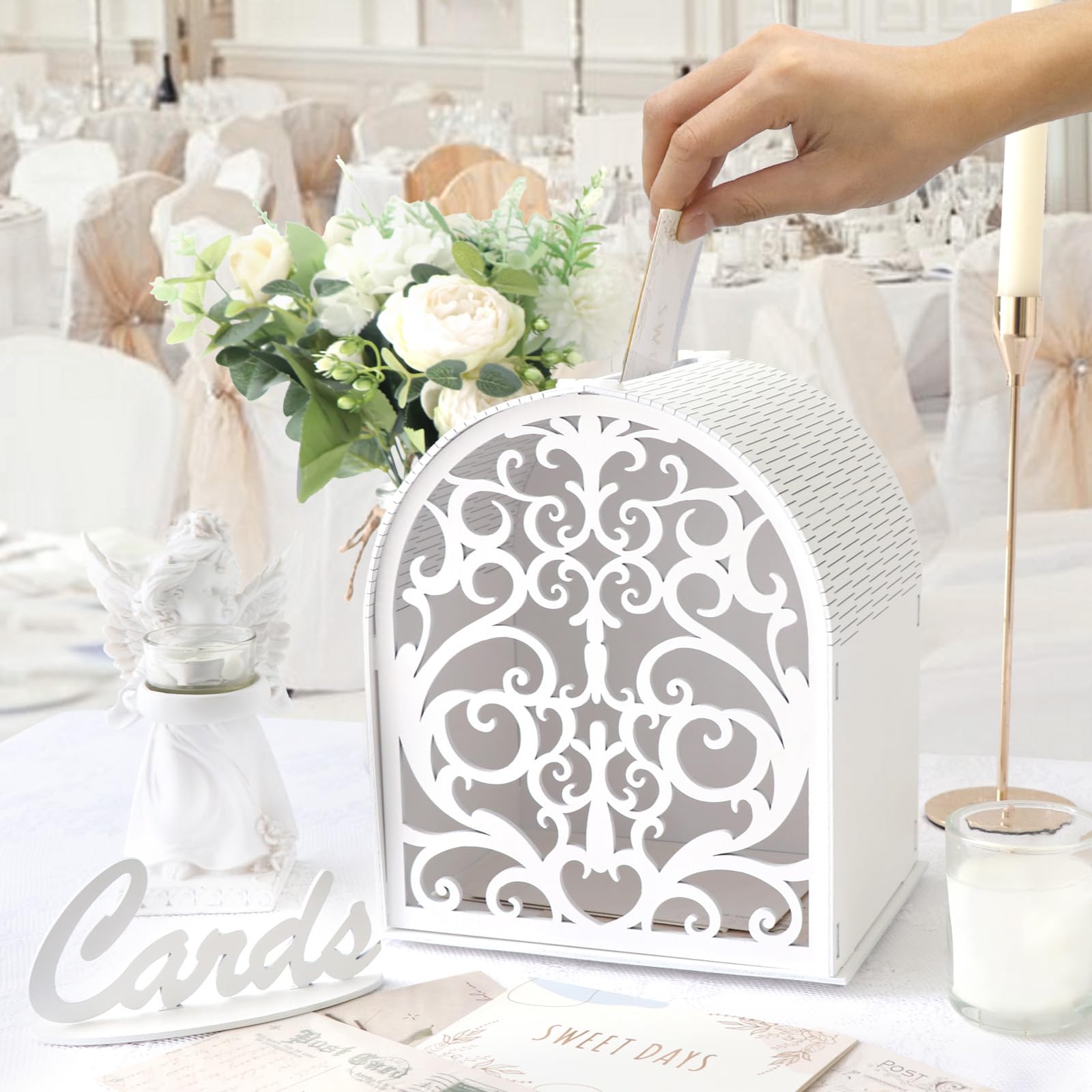 OurWarm Arch Wooden Wedding Card Box with Slot, Hollow White Gift Card Boxes for Wedding Reception, Small Envelope Money Box for Party, Baby Showers, Birthday, Graduations, Fundraisers