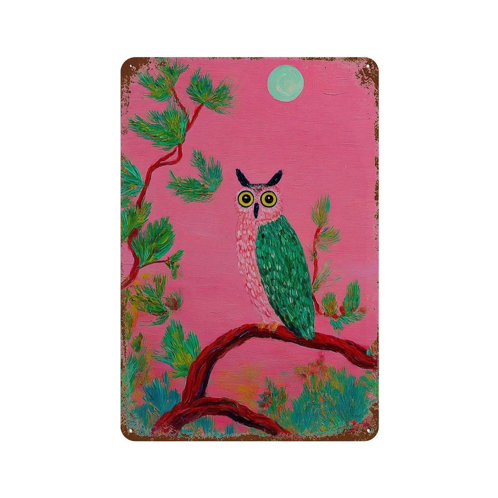xiaoxiaoshen Pink Owl Whimsical Forest Bird Colorful Green And Animal Playful Nature Wall Decor Art Metal Tin Poster Modern Home Decor Art Home Bar Shop Decorations Vintage Sign 30x20cm