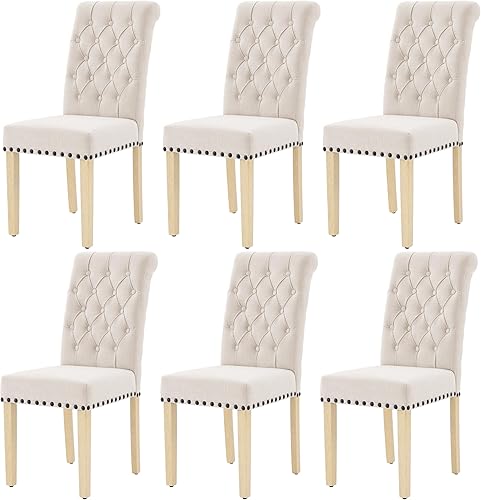 Miniatura 43 de LOULENS Juego de 2 sillas de comedor de tela, modernas sillas Parson tapizadas de lino con ribete de cabezas de clavos, botones acolchados, patas de