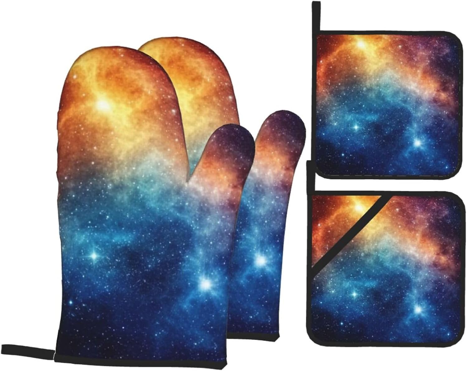 4 Pcs Oven Mitts and Pot Holders Sets, Colorful Nebula Stars Galaxy 17 Kitchen Heat Resistant Oven Gloves and Potholders for Cooking Baking Grilling BBQ
