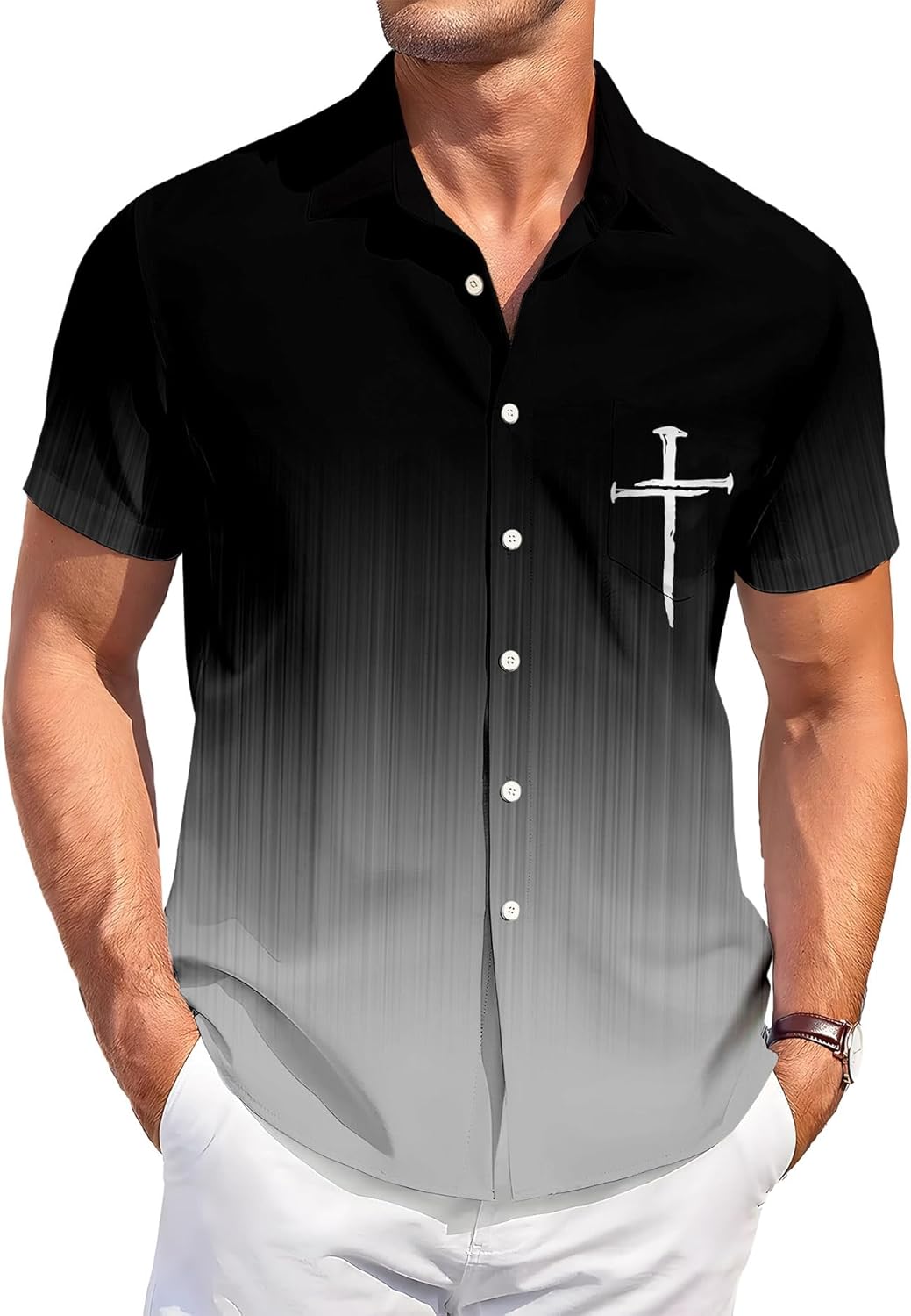Faith Hawaiian Button Down Shirt, Casual Short Sleeve Style,Faith Cross Shirts,Beach Aloha Shirts - Image 2