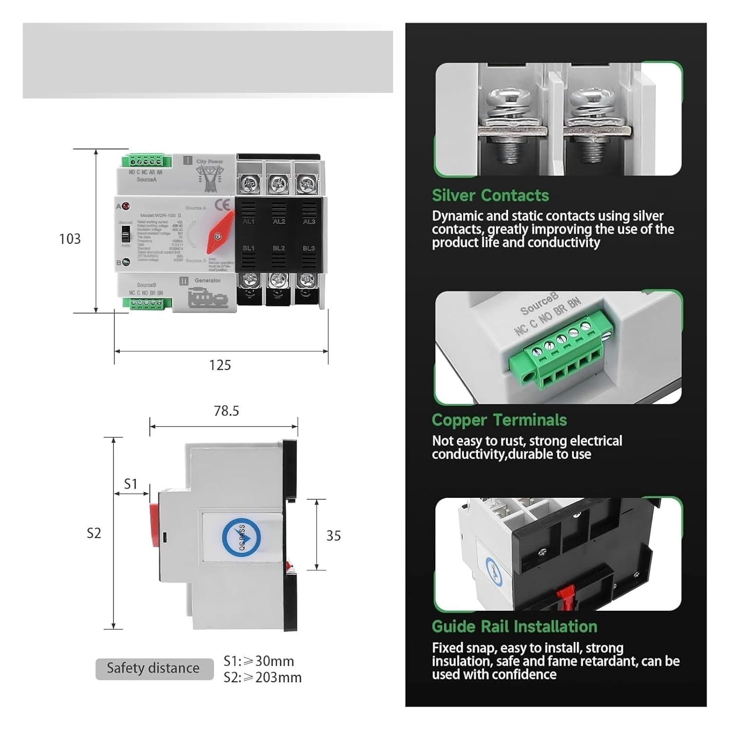 Solar System Dual Power Generator Transfer Switch Power for and Inverter 4P 230V Clty Power(2P W2R-100A-230V)