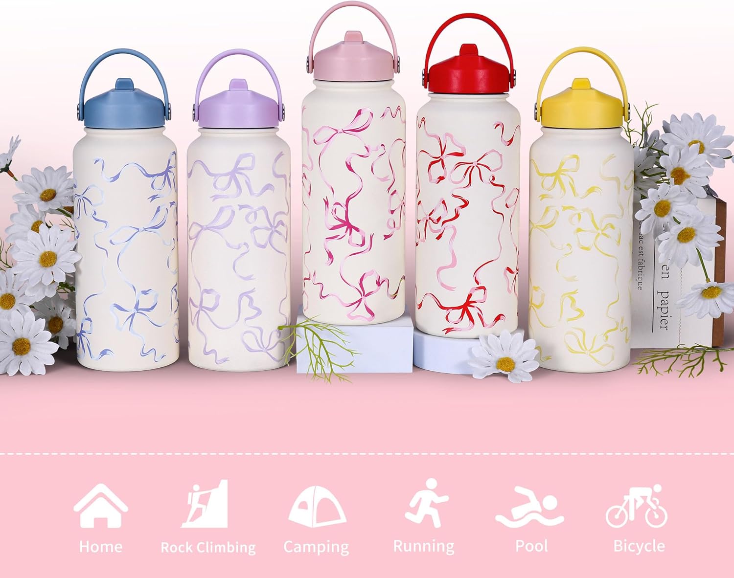 Goetland Ribbon Water Bottle with Straw Lid 32 oz Stainless Steel Wide Mouth Vacuum Double Insulated Drinking Cup Cute Leakproof UV Printing For Women Girls Pink - Image 6