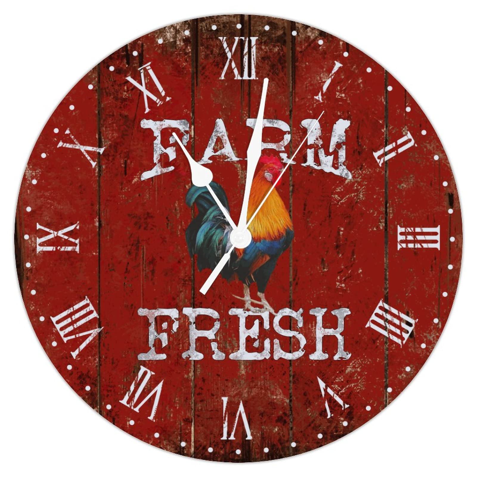Horloge murale en bois rustique coq pour buanderie et cuisine, grande pendule rétro 38 cm silencieuse