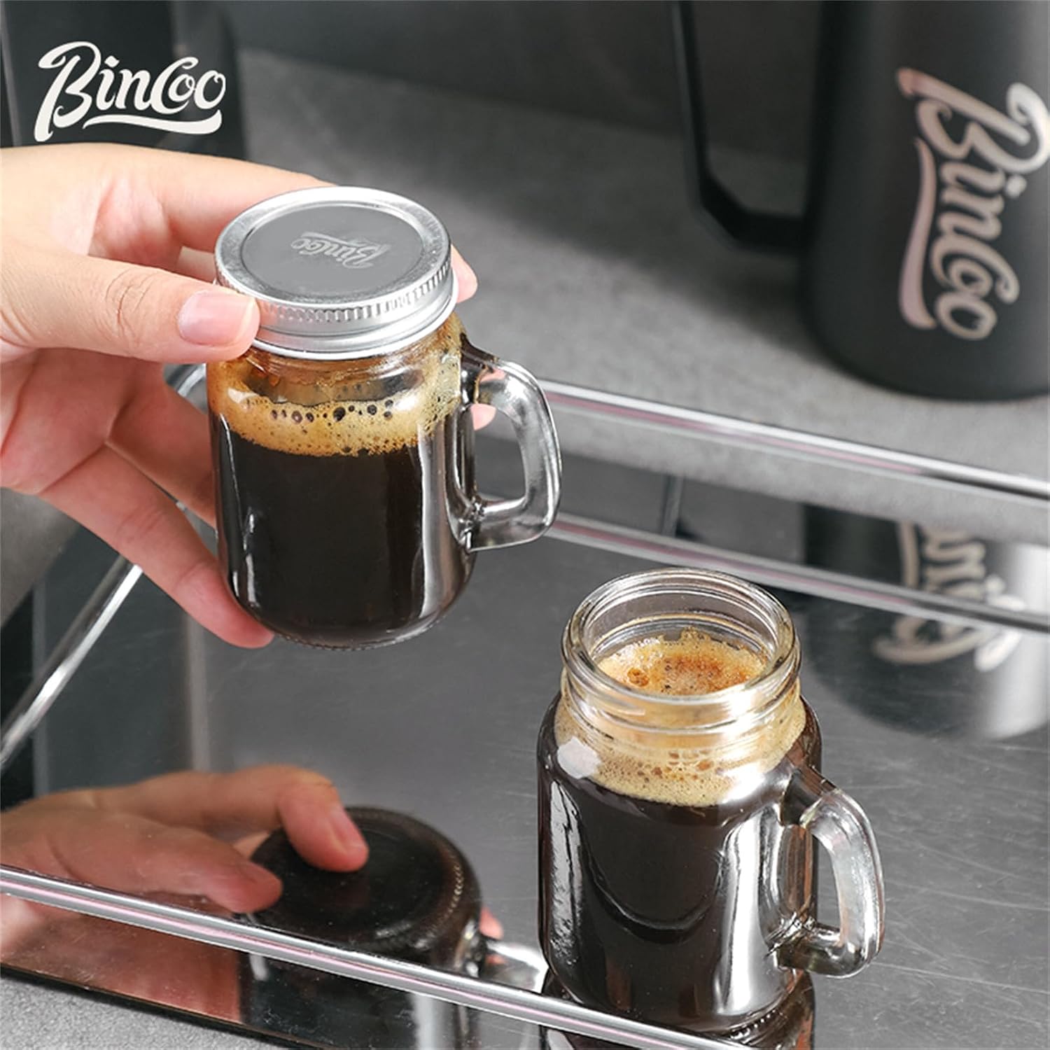 Bincoo 4oz Espresso Shot Glass Espresso Cups With Leak-Proof Lid and Handle, Portable Travel Coffee Shot Glasses for Beans, Syrup, Cocoa Powder, Wine, Bar, Party, 4 Pack