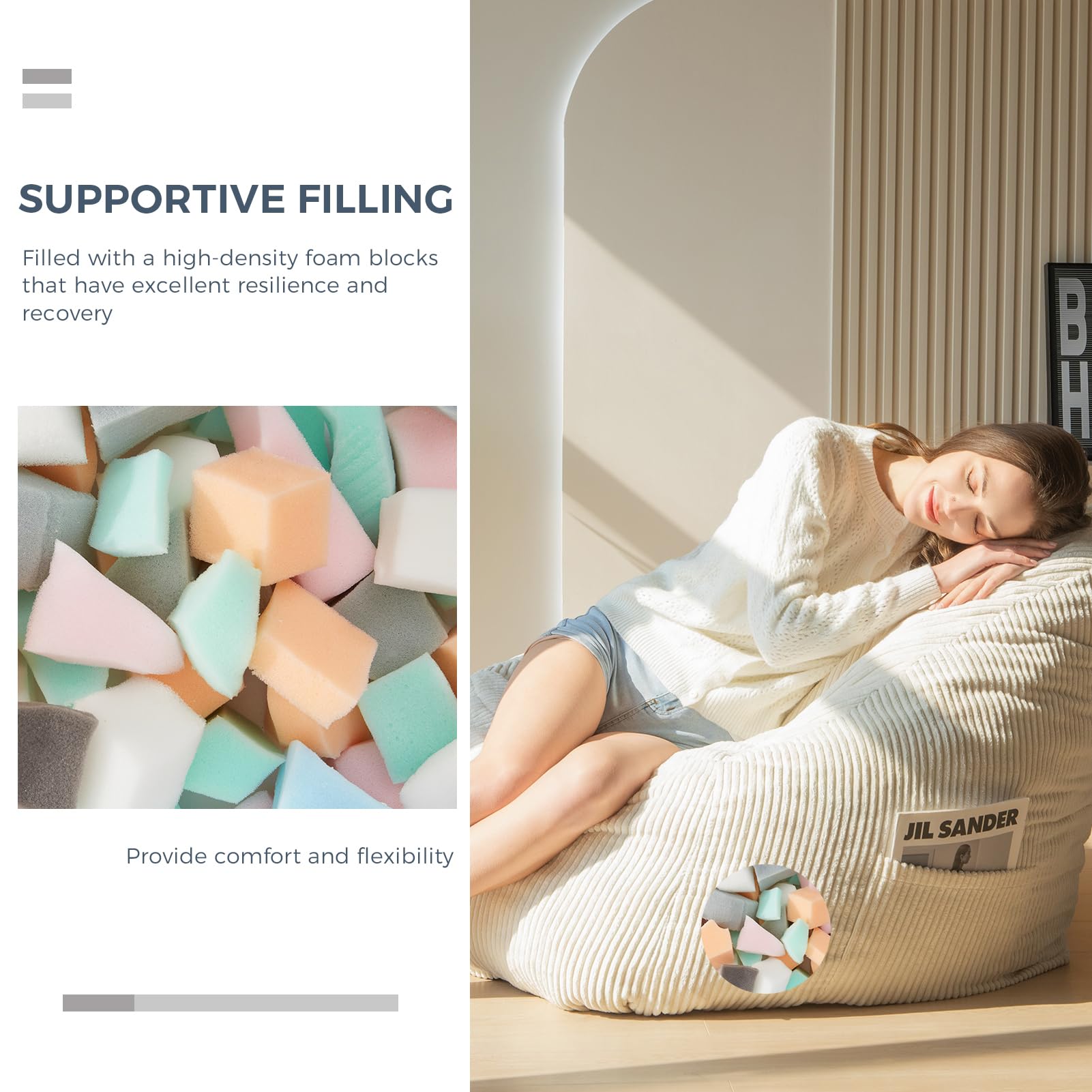 MAXYOYO Sitzsack für Erwachsene, Cosy Bean Bag aus Cord mit Handgriff, Schaumstofffüllung, Bequemer Sessel Spielen, Lesen, Entspannen