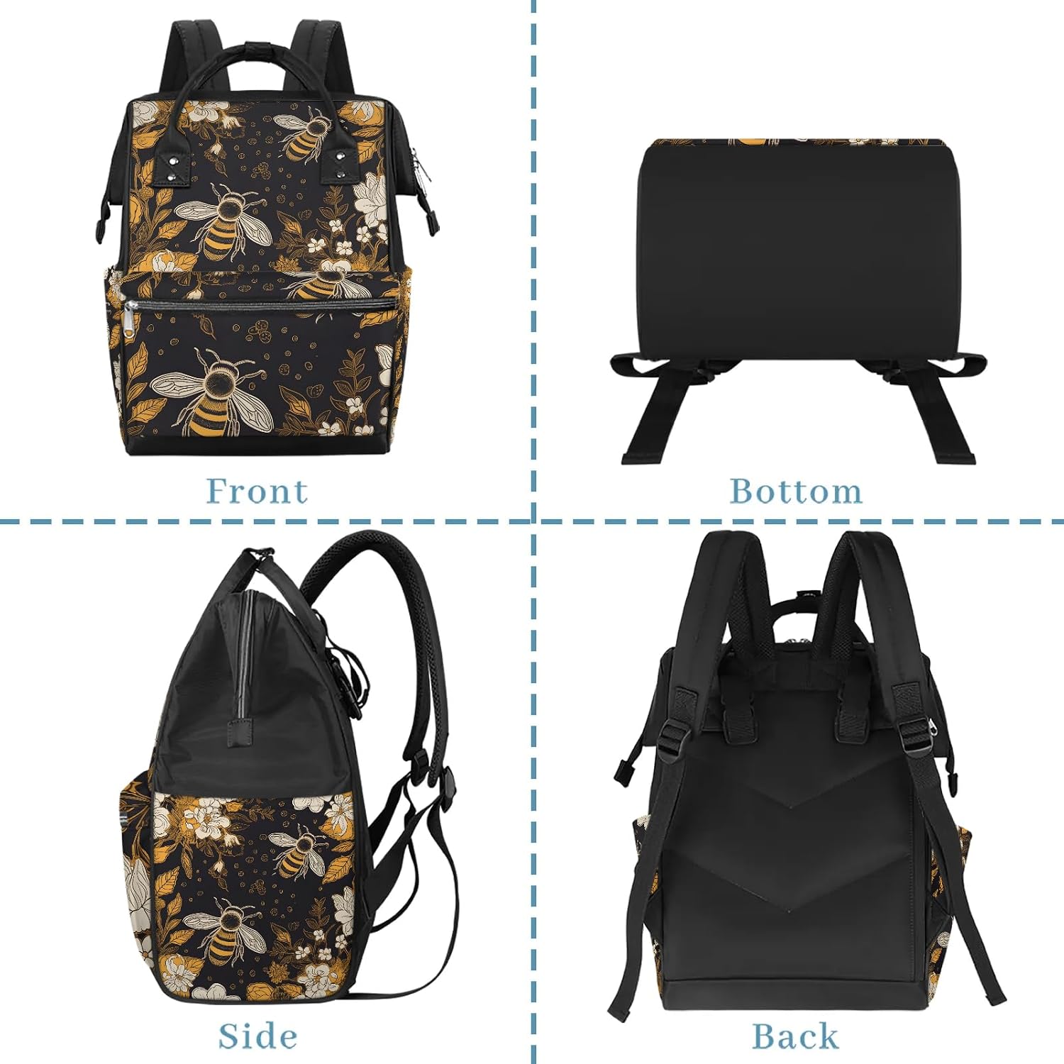 Honeybaby Diaper Bag Backpack for Mom & Dad Bees and Flowers 19L Large Diaper Bag Tote with Multi-Pocket, Portable & Standable Unisex Baby Bag for Travel, Shopping, Outings