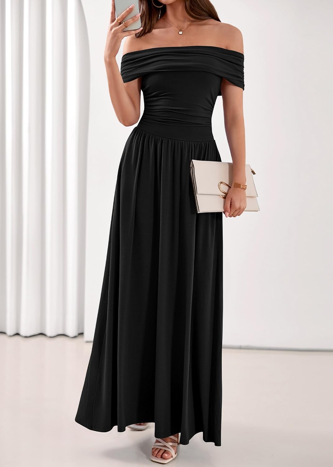 KIRUNDO Cocktail Dresses for Women 2026 Summer Off The Shoulder Ruched Pleated Long Flowy Formal Party Maxi Dresses Pockets - Image 7