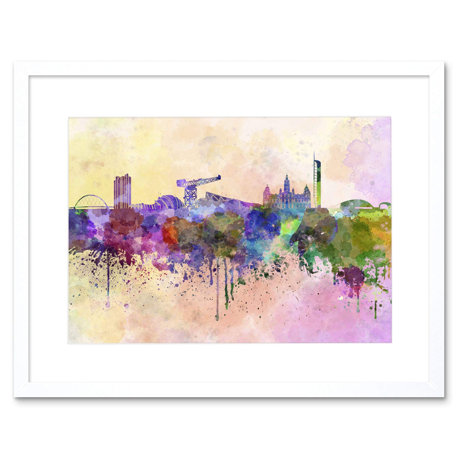 Wee Blue Coo Painting Cityscape Paint Splash Skyline Glasgow Framed Wall Art Print