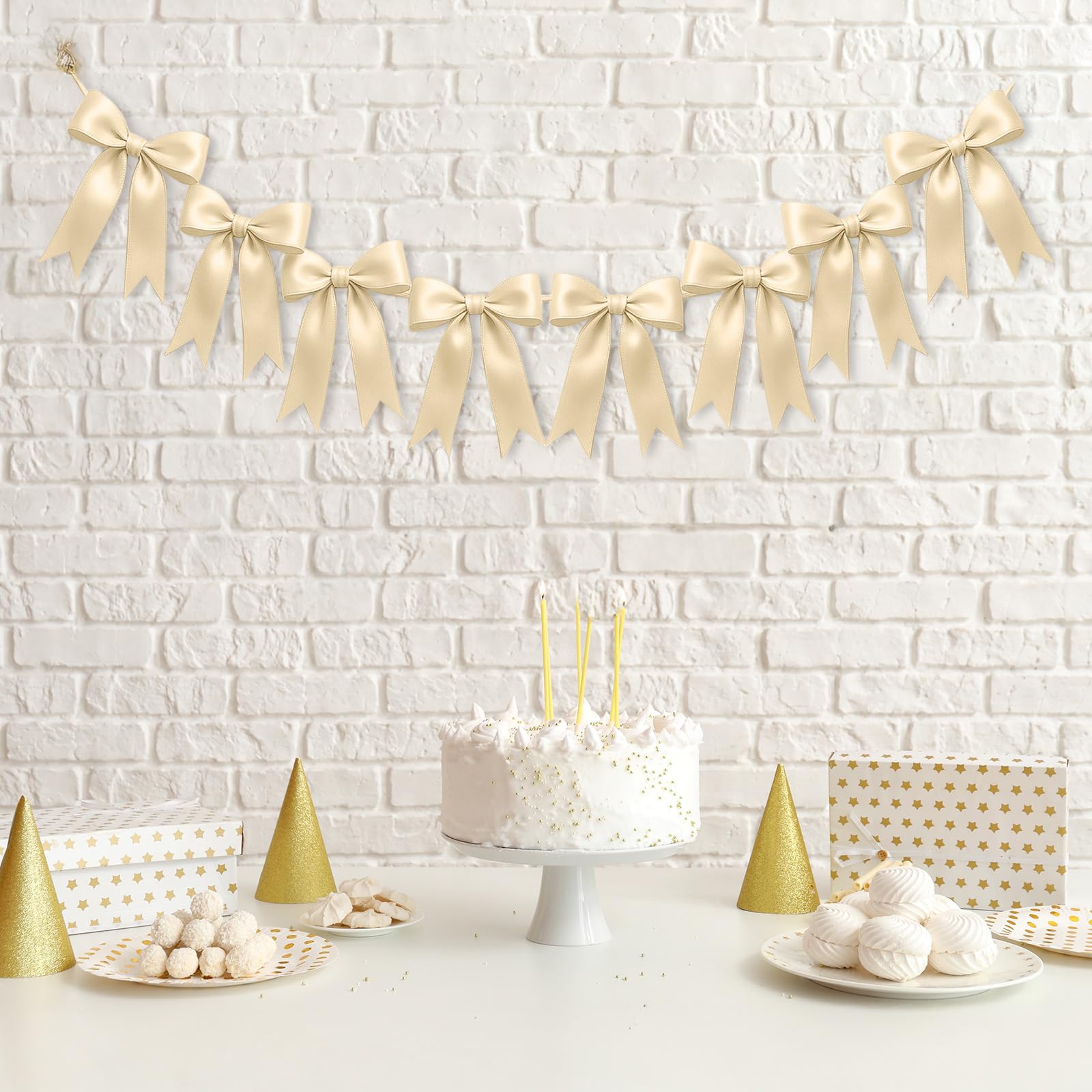 1 String of 8PCS Champange Bow Garland Banner Decoration,Pre-Strung Satin Ribbon Ornaments for Birthday,Bachelorette Party,Bridal Shower,Wedding,Engagement,Baby Shower,Graduation Decor,Anniversary