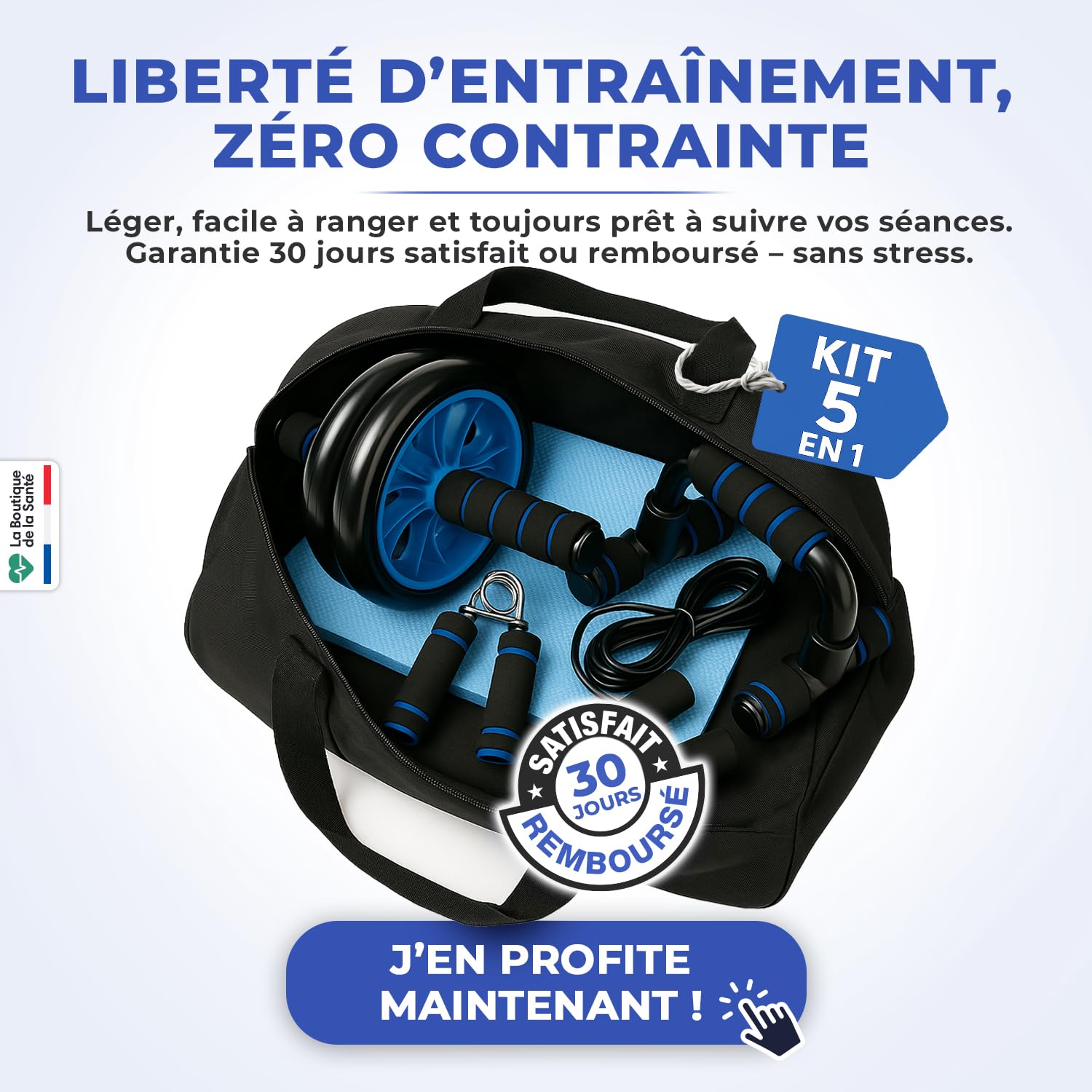 Kit Fitness à Domicile - Équipement Musculation - Roue Abdominale - Tapis - Corde à sauter - Poignées de pompes - Entraînement Complet Gym, Pilates et Squat