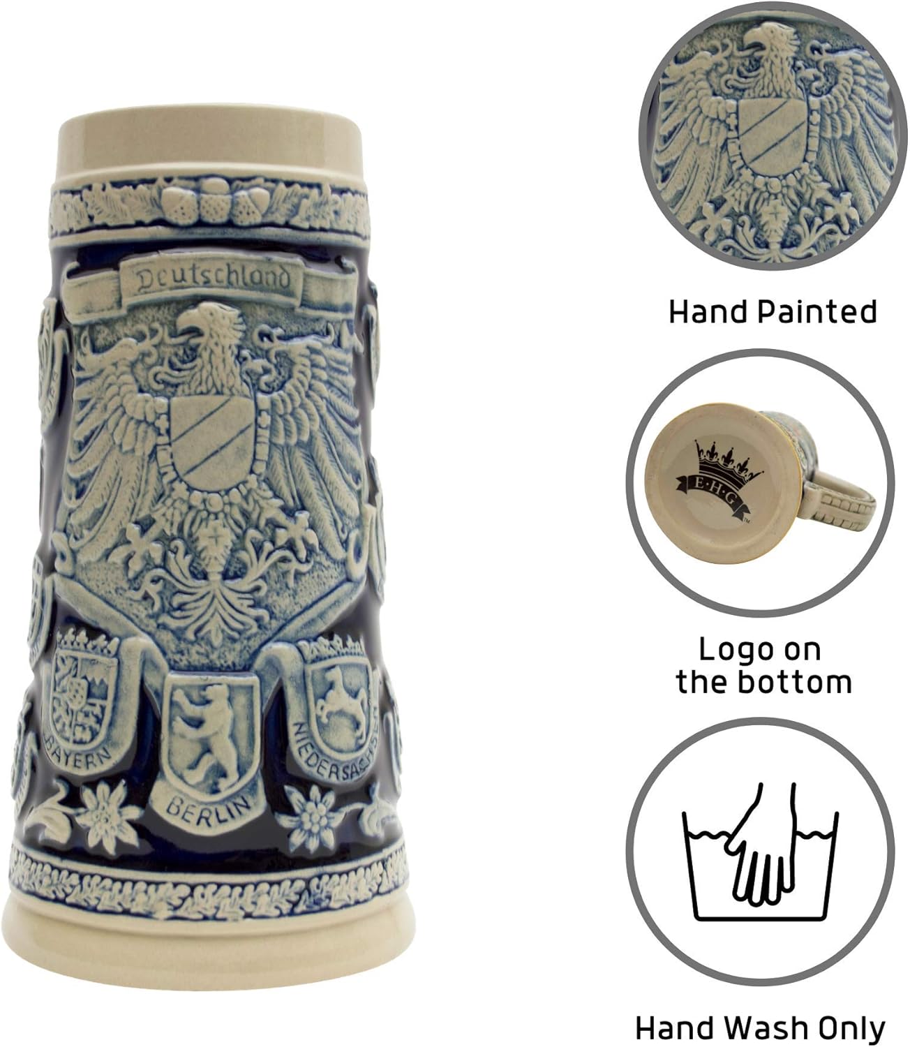 1.1 Liter | OktoberfestHaus Tankard Ceramic Beer Stein Cobalt Blue Collectible Bier Krug German Adler (Eagle) Medieval Coat Of Arms Jarras de Cerveza and Jarra Stein
