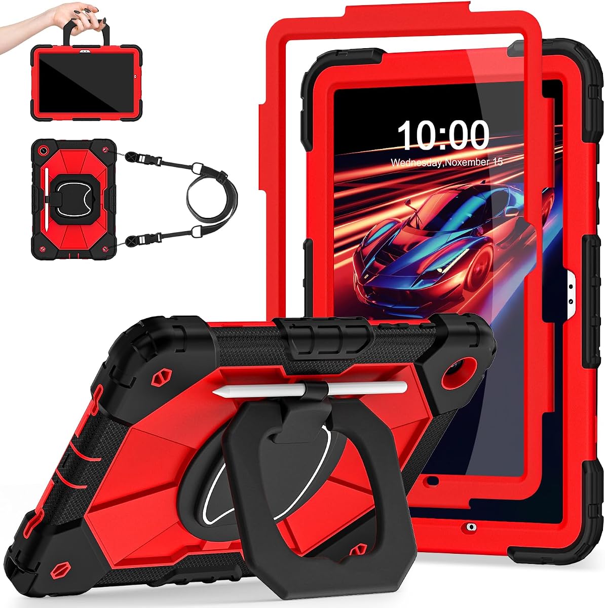 Case for Galaxy Tab A11 Plus/A9 Plus 11 Inch Galaxy A11+/A9+ Case | Military Grade Shockproof Samsung Galaxy A11+/A9+ Plus Tablet Case with Screen Protector/Rotate Stand/Pen Holder,Black Red