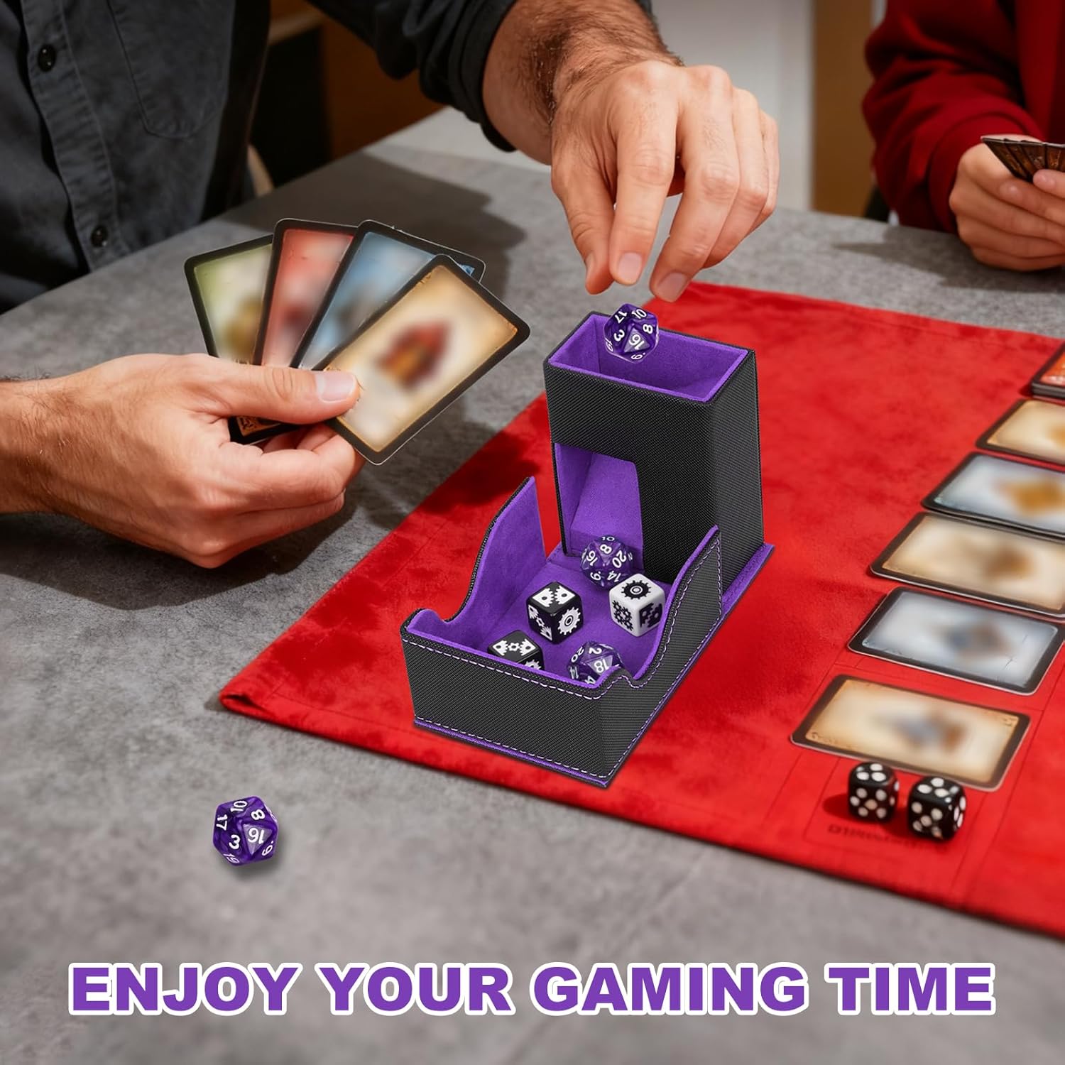 Dice Roller Tower, Magnetic Dice Tray for Rolling, Foldable Leather Dice Organizer Tower Fits for Dungeons & Dragons, MTG DM and Player, Black & Purple