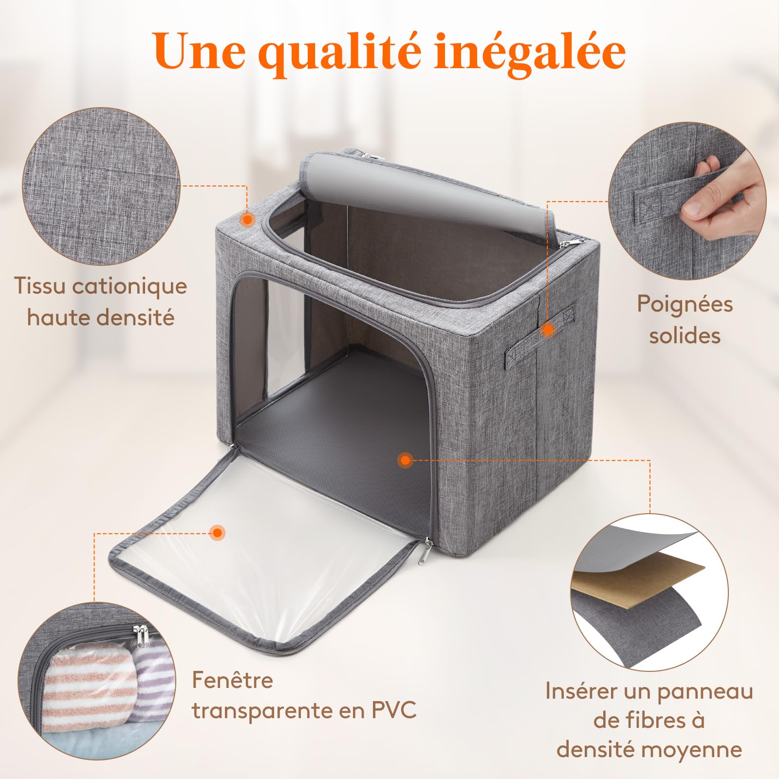 Lifewit Sac de Rangement Robuste avec Cadre en Métal, Boite Rangement Vetement Pliable, Organisateur Placard, Housse Rangement, Caisse avec Couvercle pour Couvertures, Gris Clair, 40 L, Lot de 3